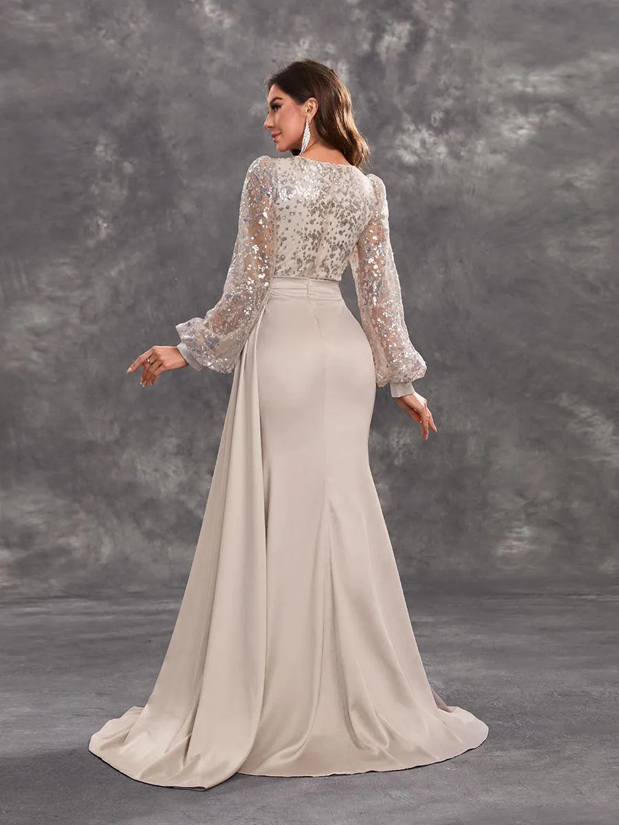 Ballon Sleeve Wrap Panel Prom Dress MCW1131