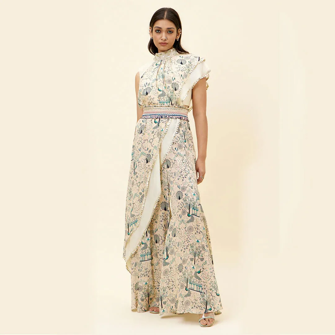 BEIGE CROP TOP WITH BEIGE MOR JAAL AND BEIGE SOLID DRAPE WITH BEIGE JAAL PRINT SHARARA PANTS AND EMB BELT
