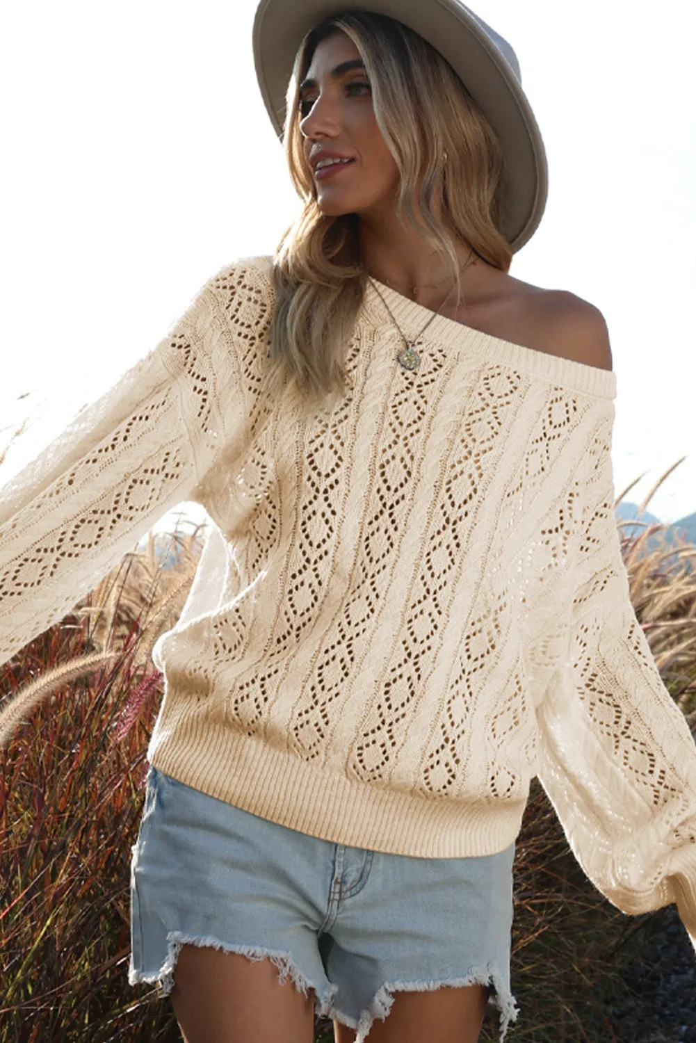 Beige Exquisite Knitted Puff Sleeve Sweater