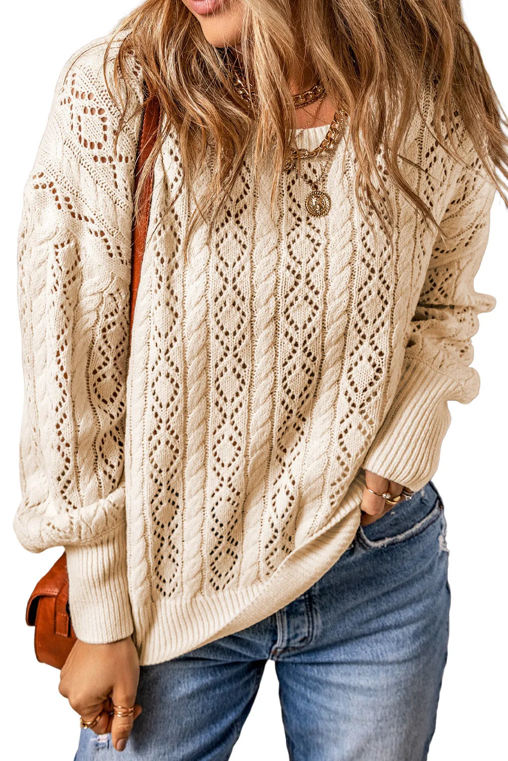 Beige Exquisite Knitted Puff Sleeve Sweater