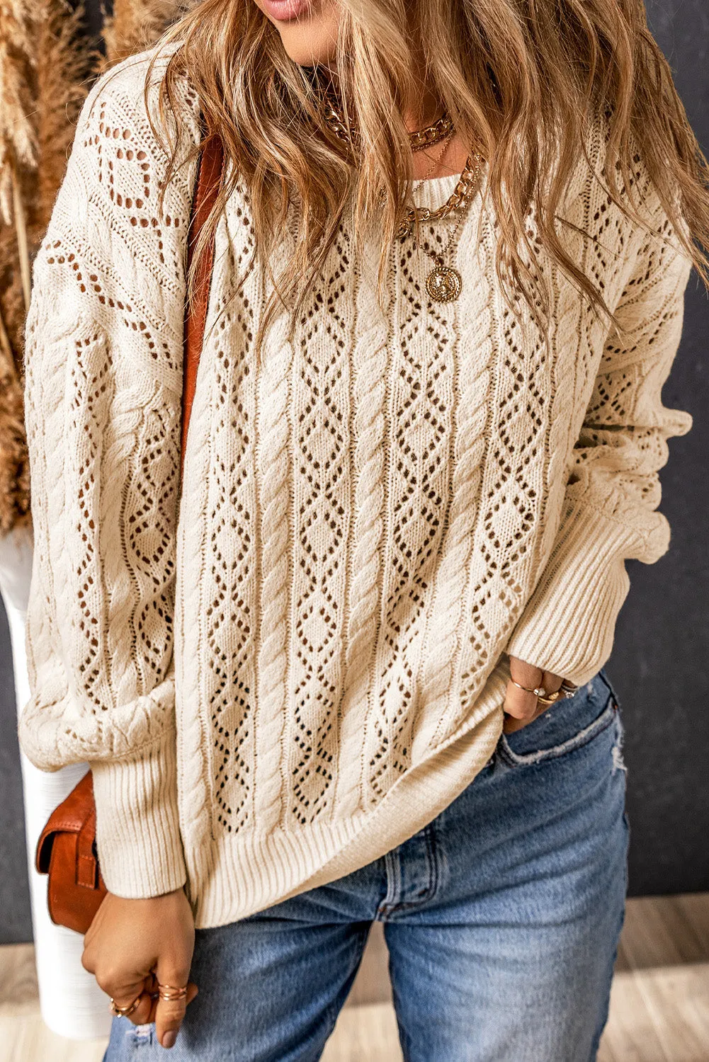 Beige Exquisite Knitted Puff Sleeve Sweater