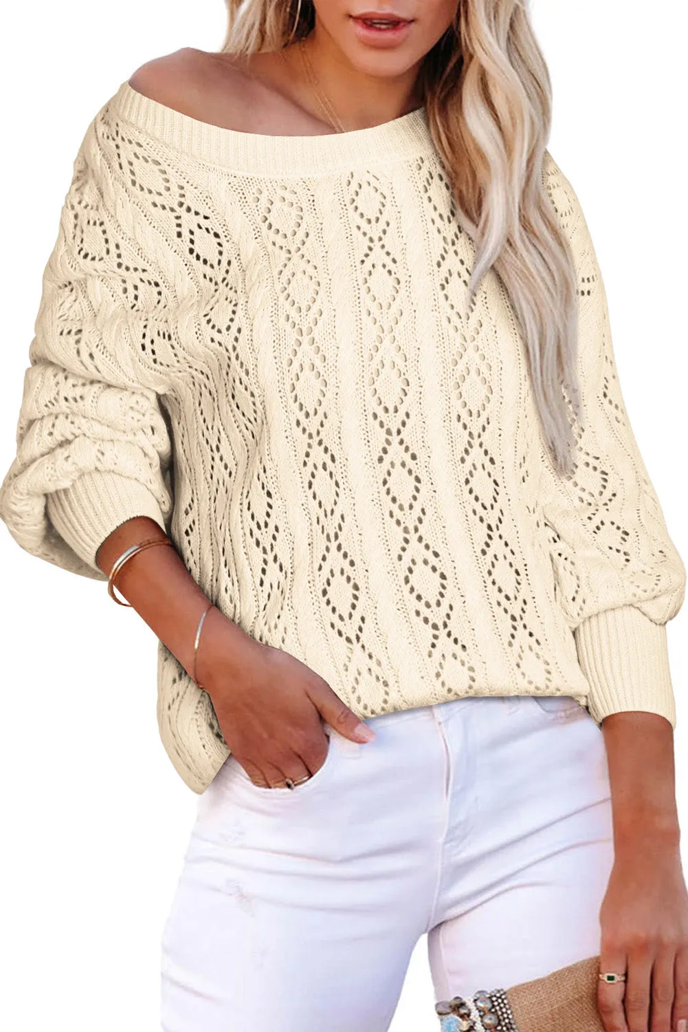 Beige Exquisite Knitted Puff Sleeve Sweater