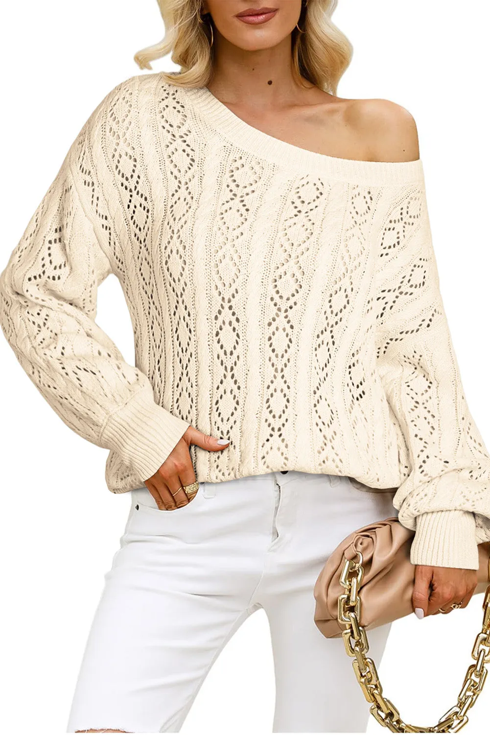 Beige Exquisite Knitted Puff Sleeve Sweater