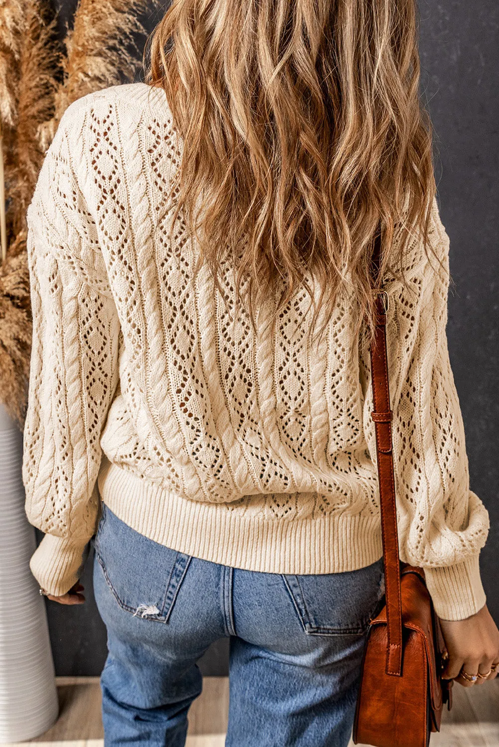 Beige Exquisite Knitted Puff Sleeve Sweater