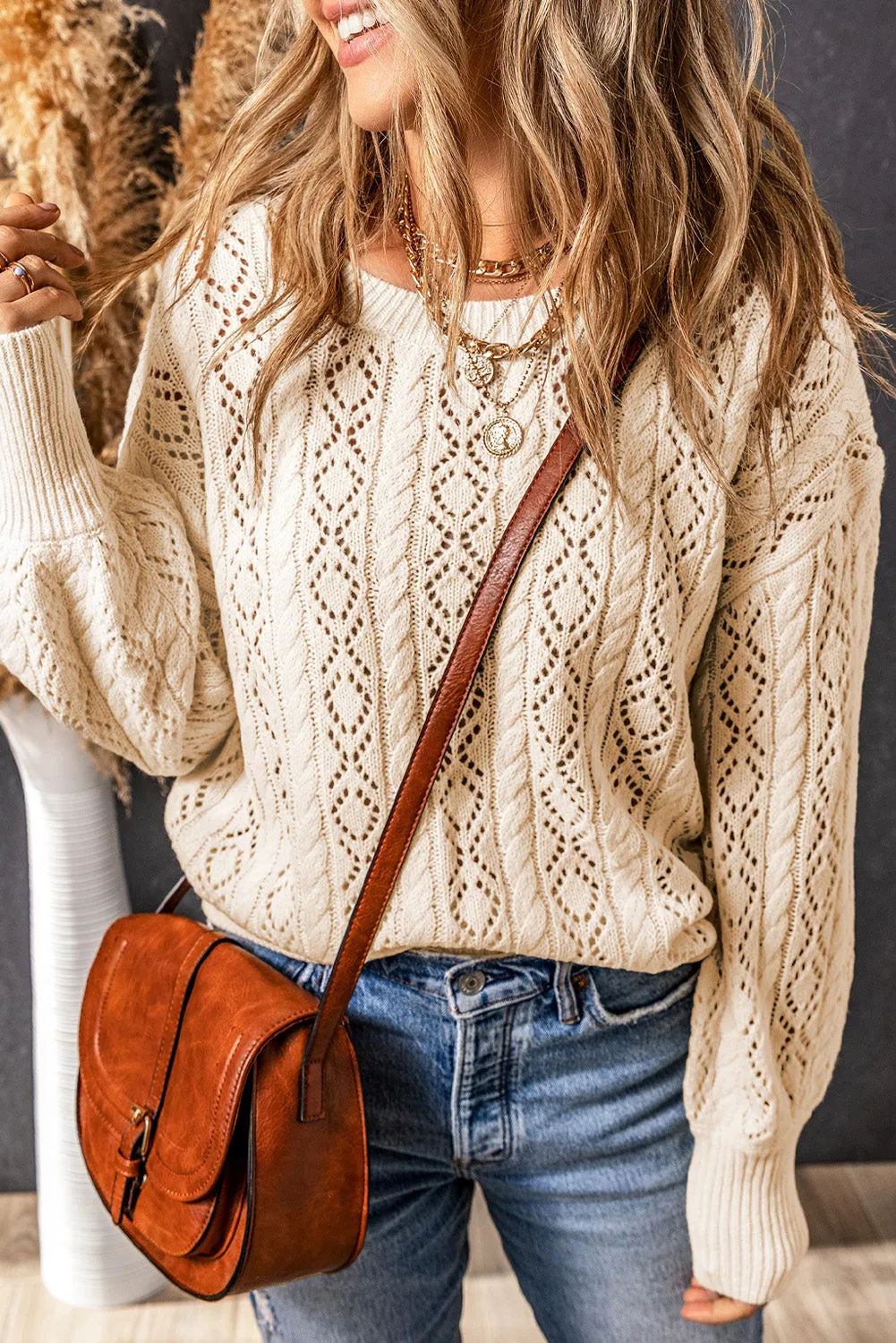 Beige Exquisite Knitted Puff Sleeve Sweater