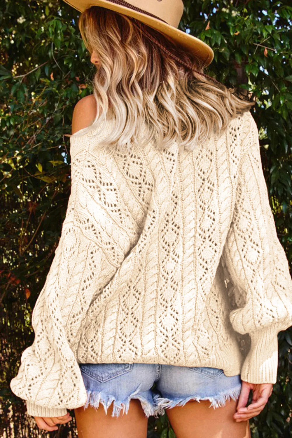 Beige Exquisite Knitted Puff Sleeve Sweater