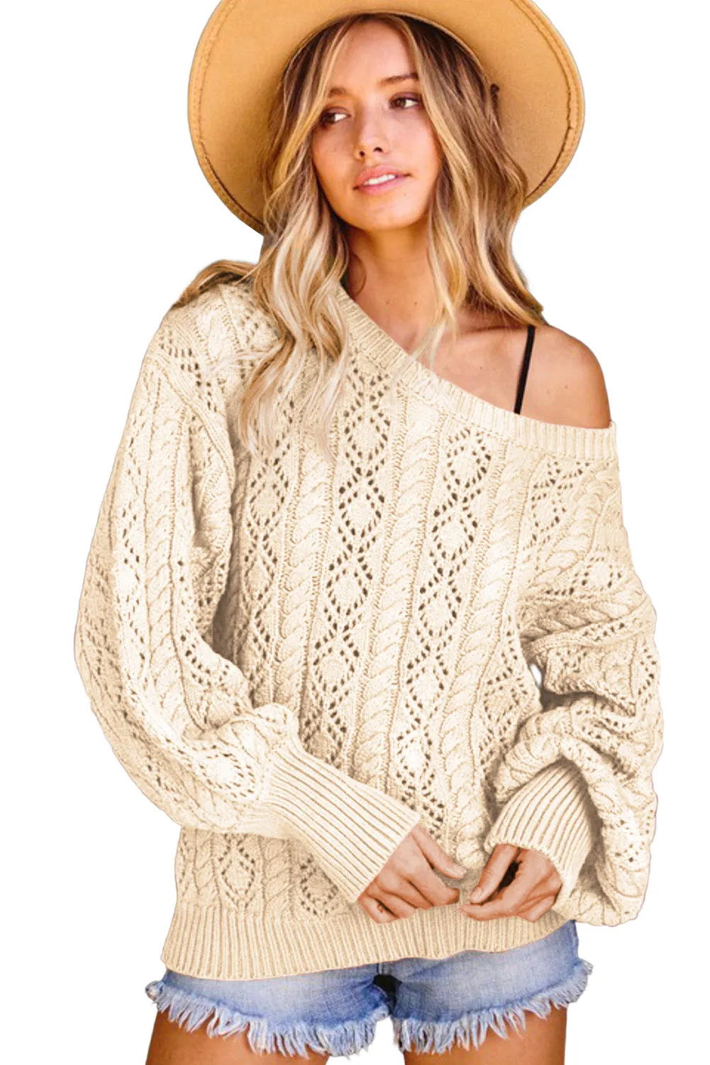 Beige Exquisite Knitted Puff Sleeve Sweater