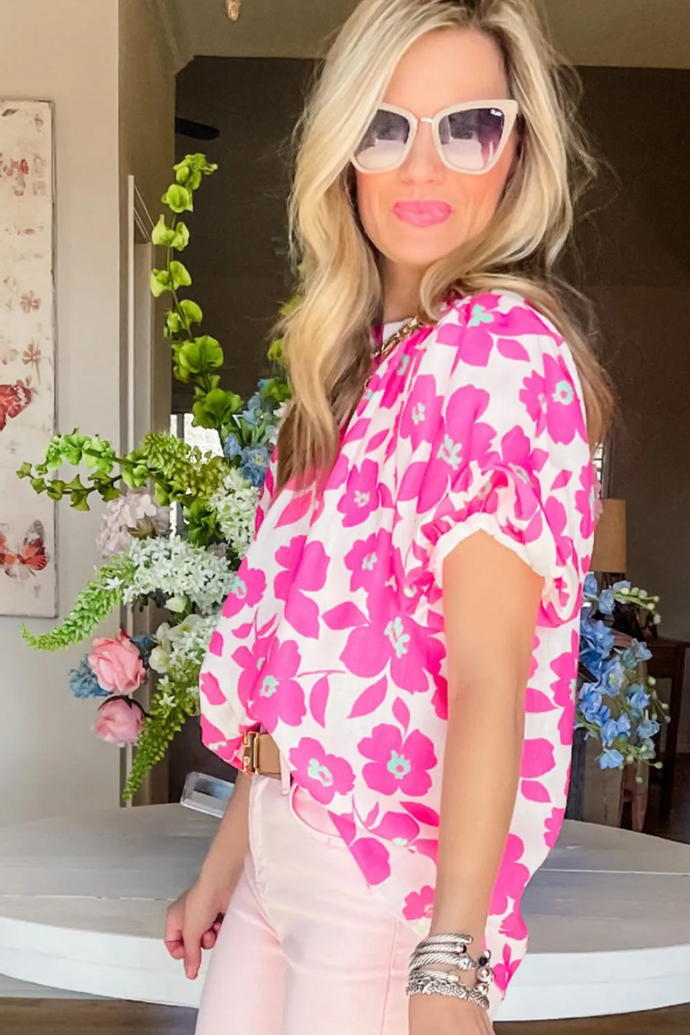 Beige Floral Puff Sleeve Frilled Neckline Blouse