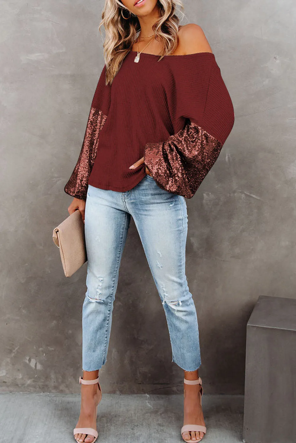 Biking Red Apricot Crossed Open Back Sequin Puff Sleeve Top