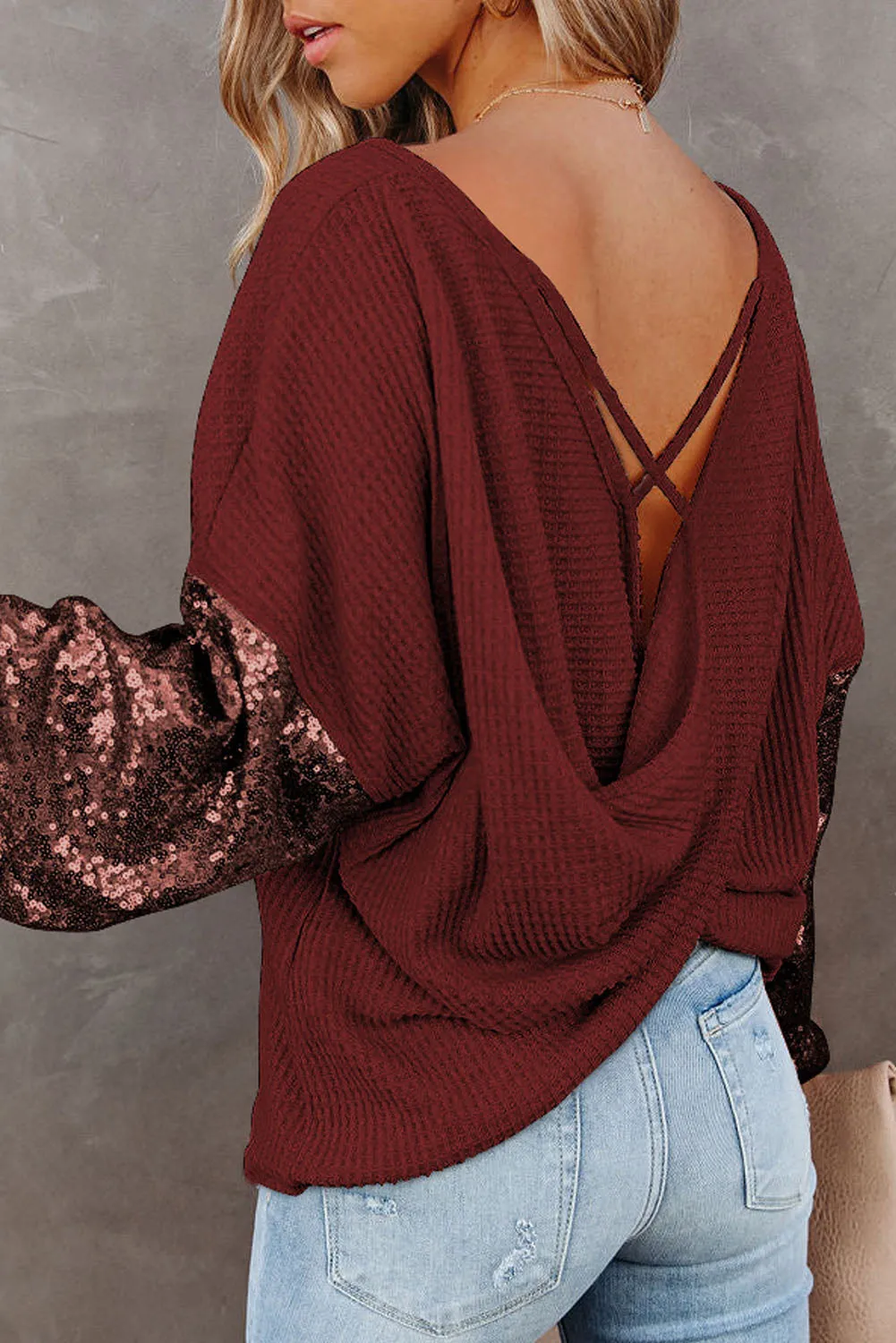 Biking Red Apricot Crossed Open Back Sequin Puff Sleeve Top