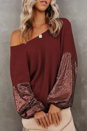 Biking Red Apricot Crossed Open Back Sequin Puff Sleeve Top