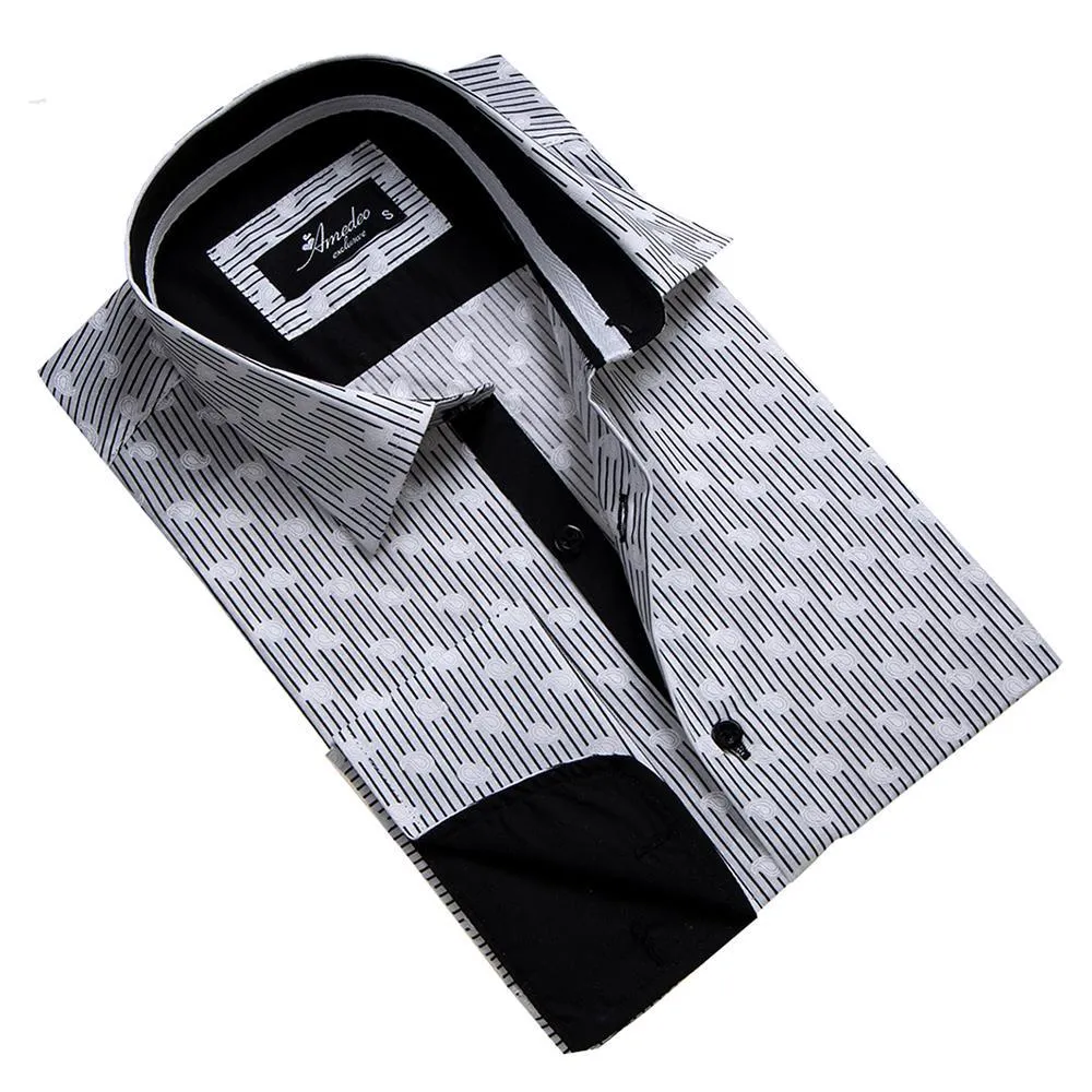 Black & White Mens Slim Fit French Cuff Shirts with Cufflink Holes -