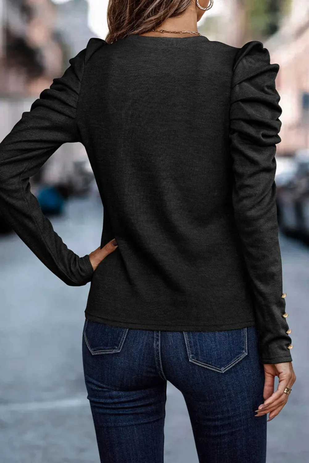 Black Buttoned Puff Long Sleeve Sheath Top
