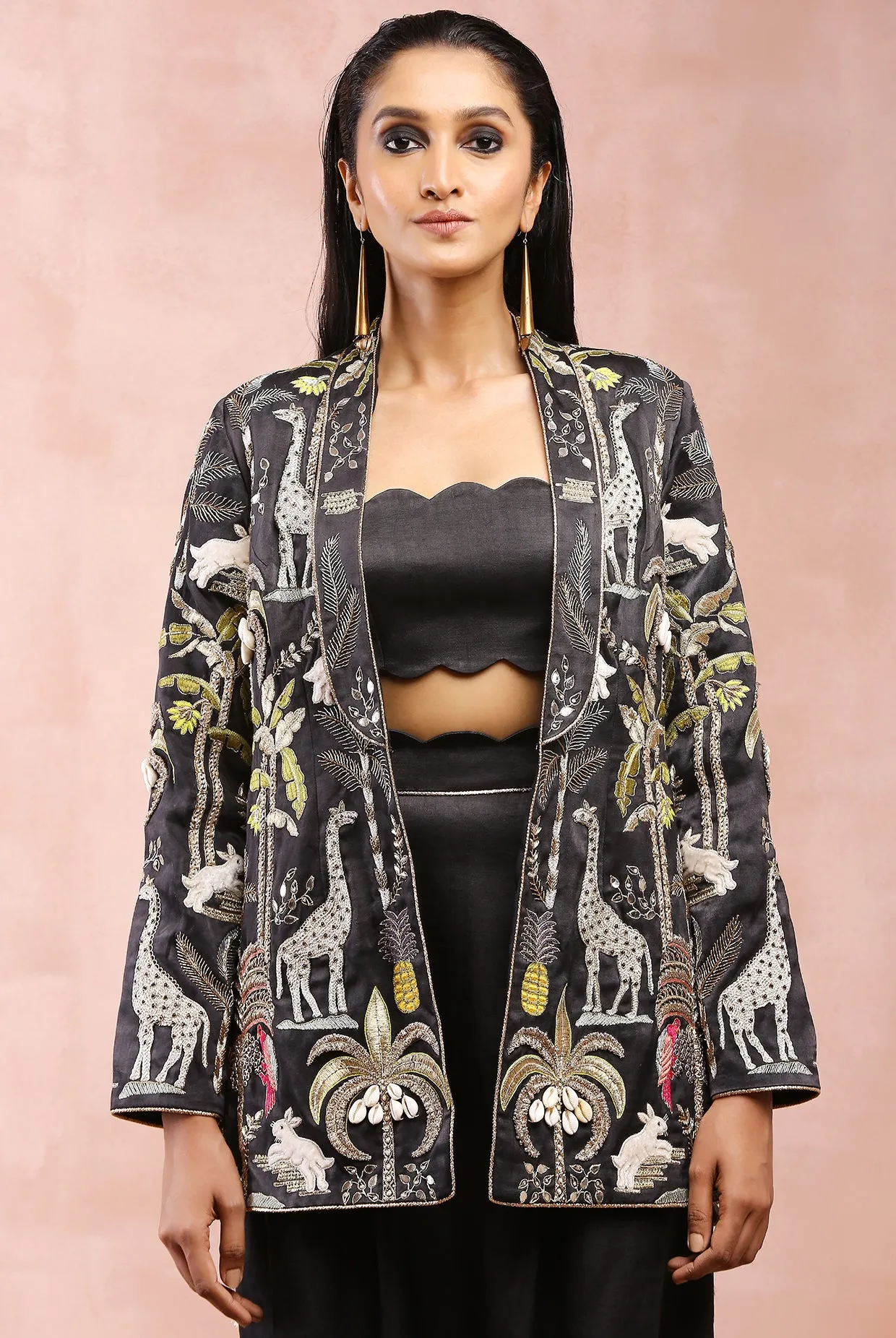BLACK EMBROIDERED JACKET WITH BUSTIER AND LOW CROTCH PANT