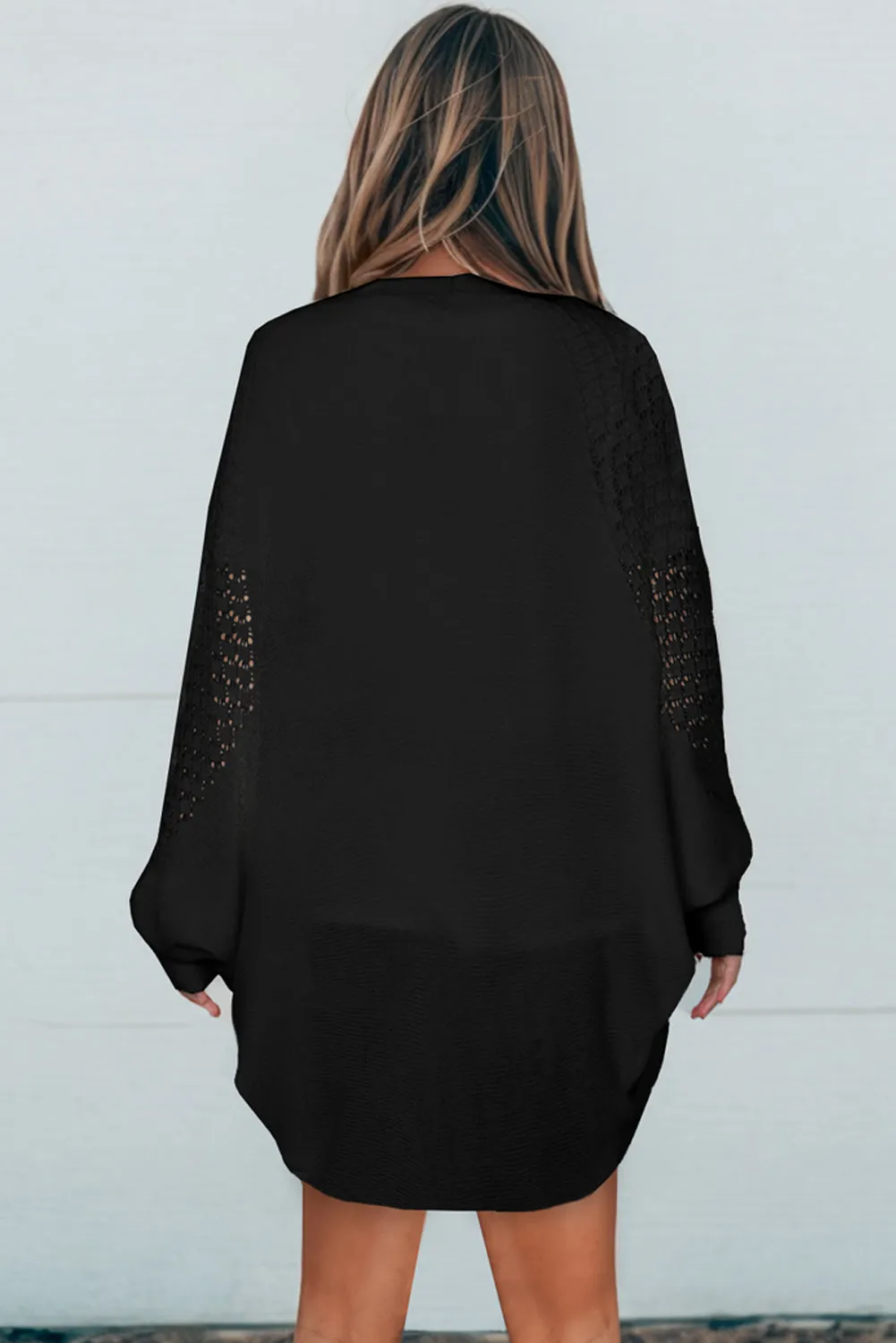 Black Hollowed Contrast Sleeve Open Fron Cardigan