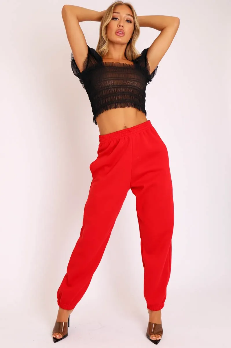 Black Mesh Ruched Puff Sleeve Crop Top - Evy