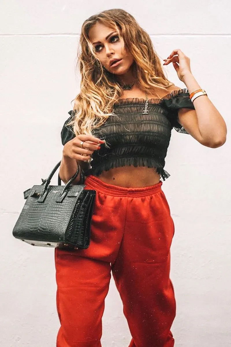 Black Mesh Ruched Puff Sleeve Crop Top - Evy
