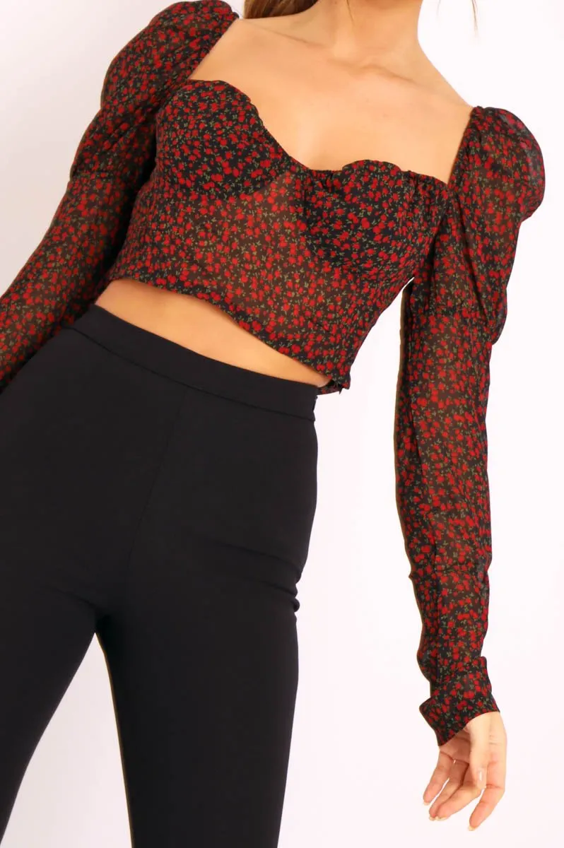 Black Red Floral Print Puff Sleeve Milkmaid Crop Top - Caddie