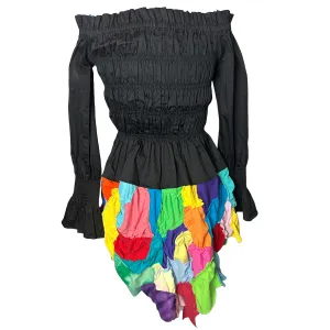 Black Ruched Top with Colorful T-Shirt Tails