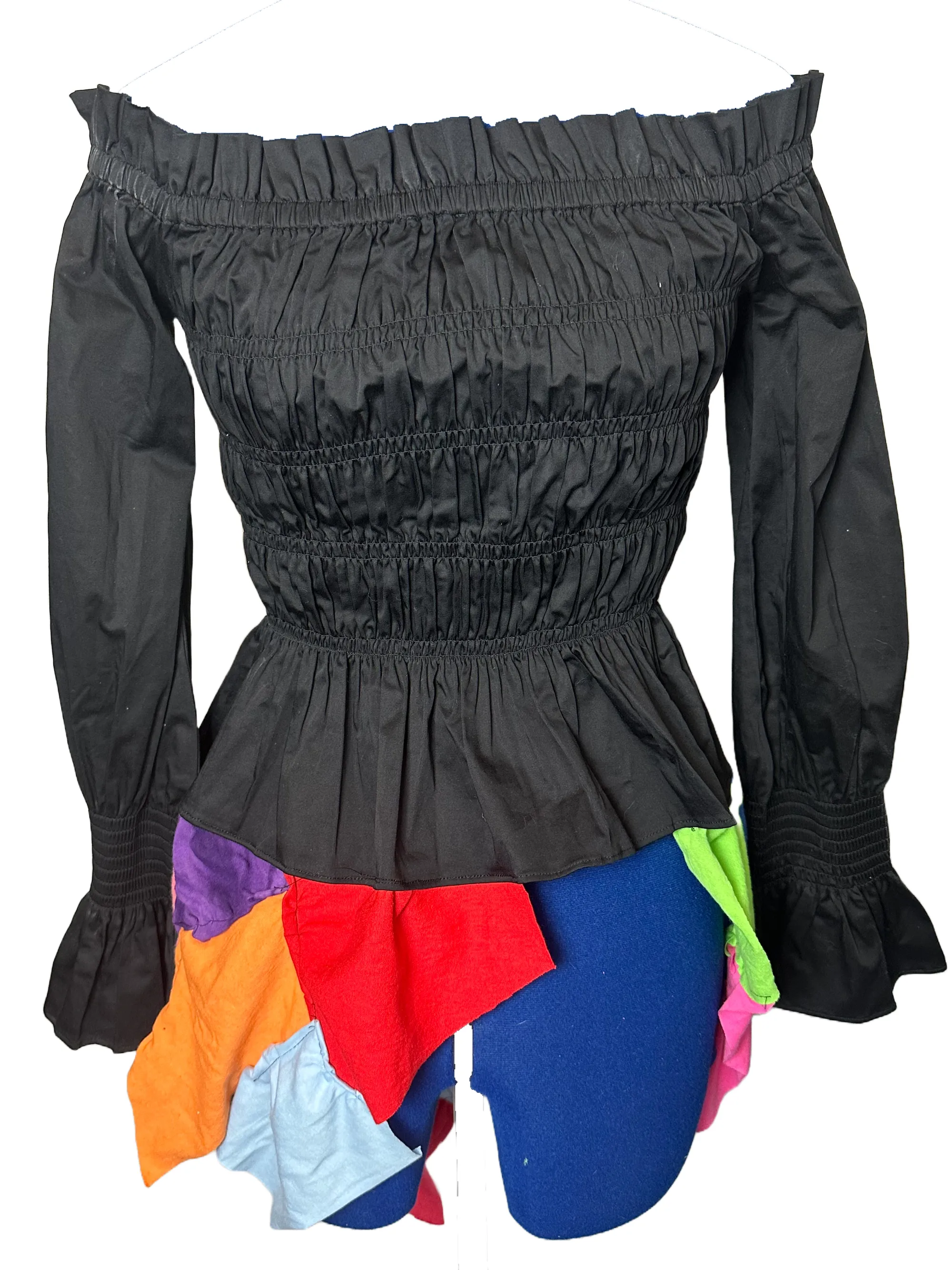 Black Ruched Top with Colorful T-Shirt Tails
