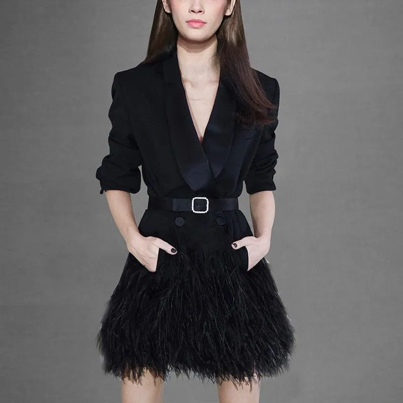 Black Shawl Collar Feather Blazer with Belt Dress