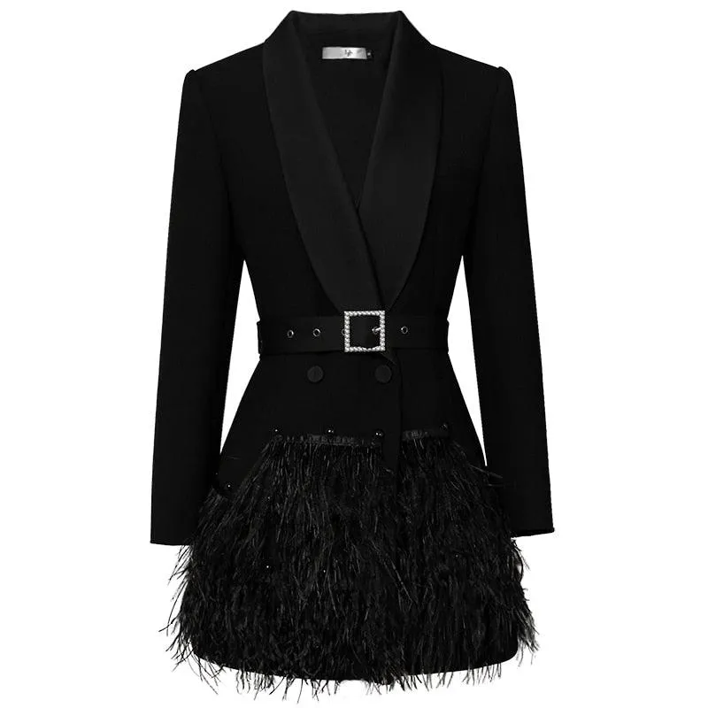 Black Shawl Collar Feather Blazer with Belt Dress