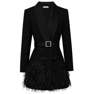 Black Shawl Collar Feather Blazer with Belt Dress