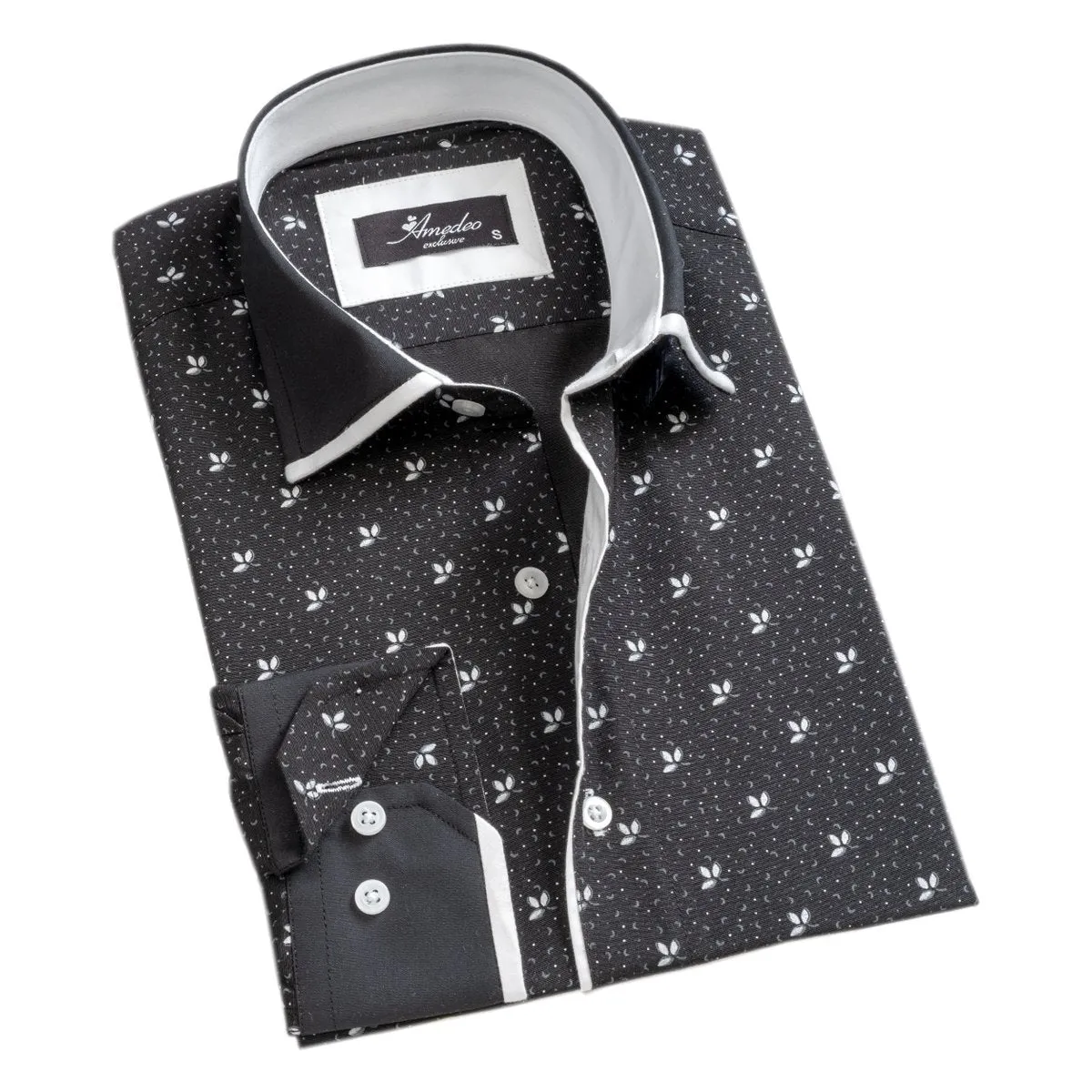 Black White Floral Mens Slim Fit Designer French Cuff Shirt - tailored