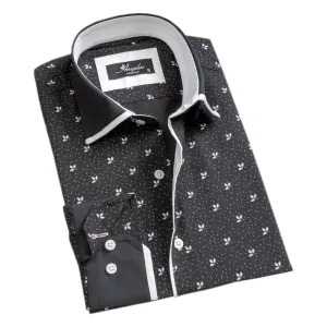Black White Floral Mens Slim Fit Designer French Cuff Shirt - tailored