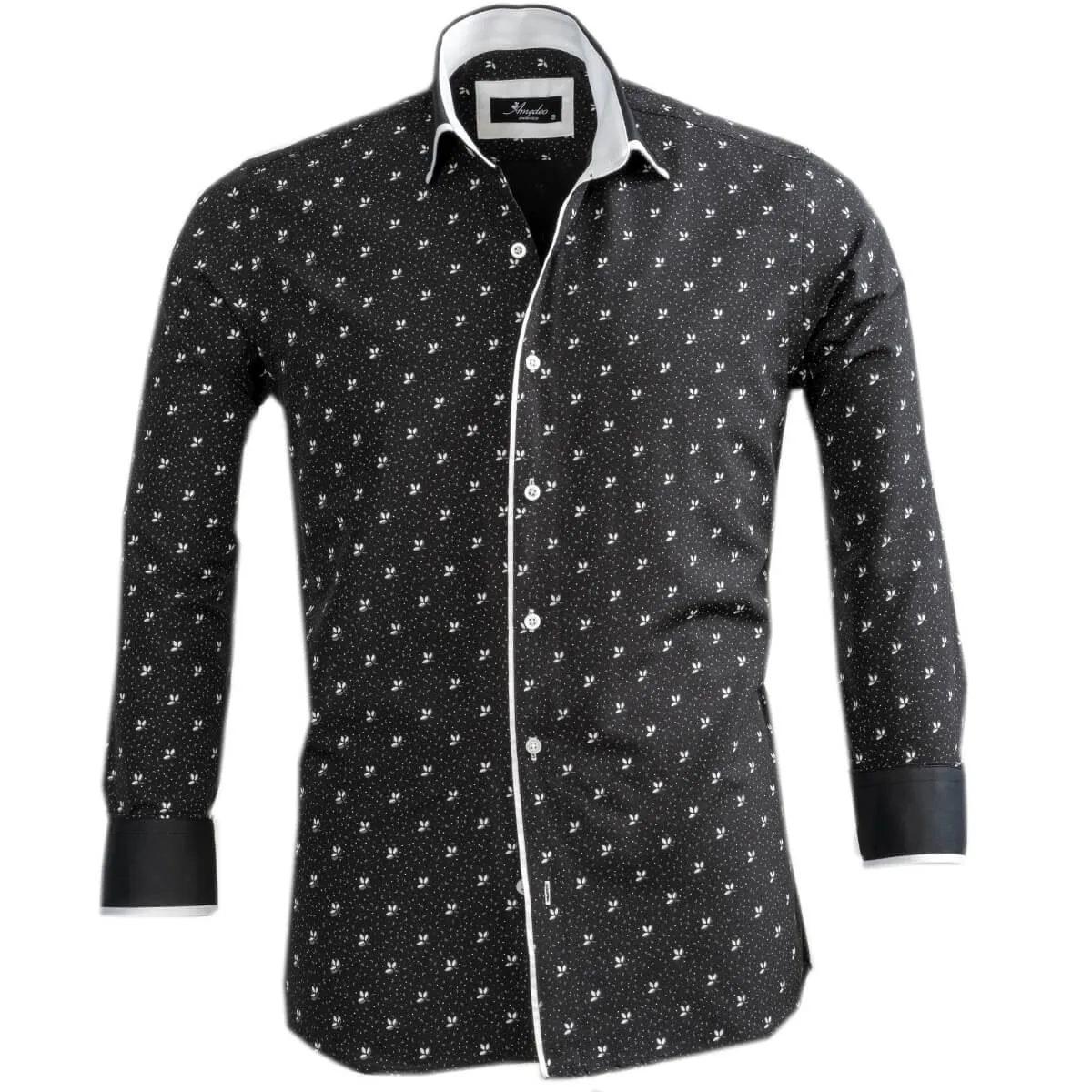 Black White Floral Mens Slim Fit Designer French Cuff Shirt - tailored