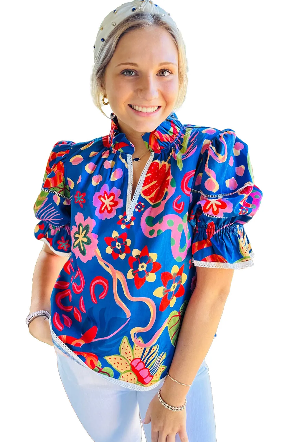Blue Abstract Print Frilled Collar Ruffled Puff Short Sleeve Top