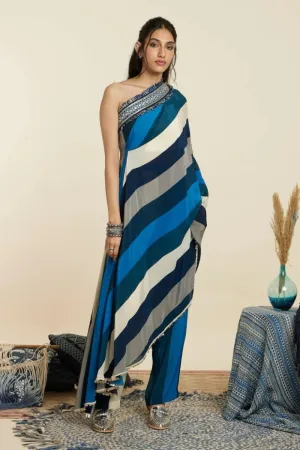 BLUE STRIPE PRINT ONE SHOULDER SAREE WITH PANTS