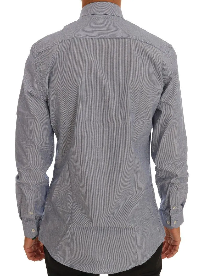 Blue Striped Cotton Slim Fit Dress Shirt