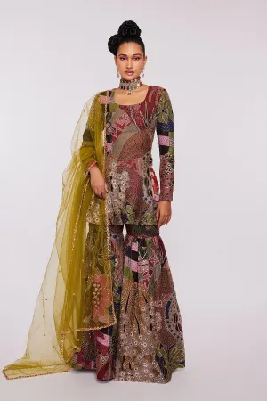 Blue Vase Divergence Organza Printed And Embellished Sharara Set With Dupatta