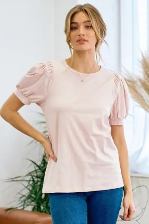 Blush Puff Sleeve Round Neck Tee