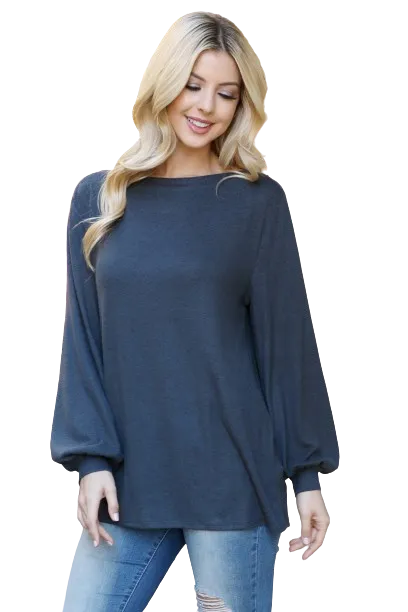 Boat Neckline Puff Sleeve Hacci Brushed Top Charcoal - Pack of 4