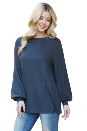 Boat Neckline Puff Sleeve Hacci Brushed Top Charcoal - Pack of 4