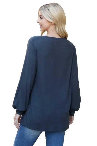 Boat Neckline Puff Sleeve Hacci Brushed Top Charcoal - Pack of 4