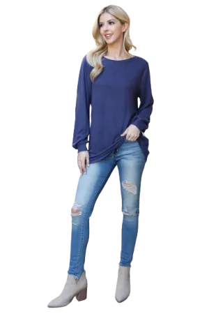 Boat Neckline Puff Sleeve Hacci Brushed Top Navy Dark - Pack of 4