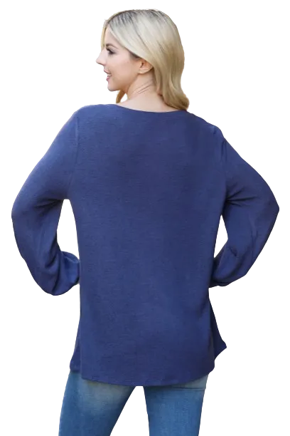 Boat Neckline Puff Sleeve Hacci Brushed Top Navy Dark - Pack of 4
