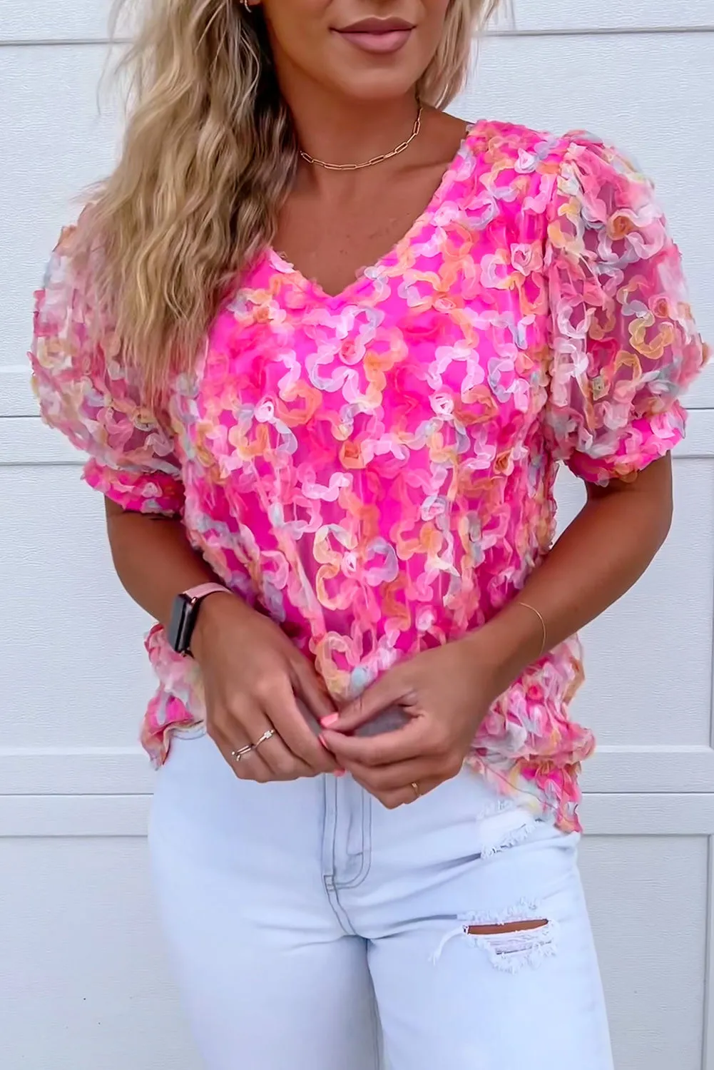 Bonbon Mesh Short Puff Sleeve Blouse