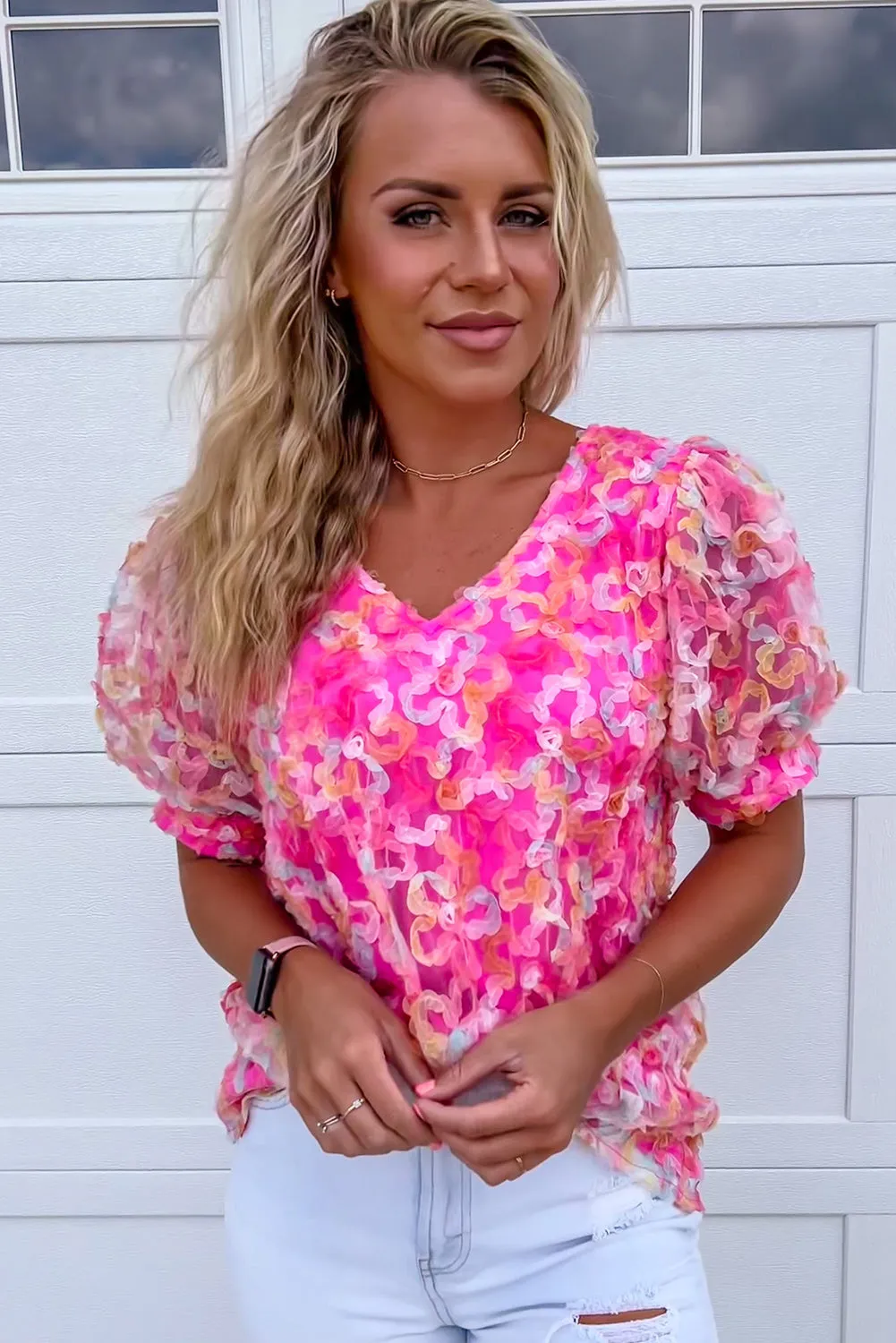 Bonbon Mesh Short Puff Sleeve Blouse