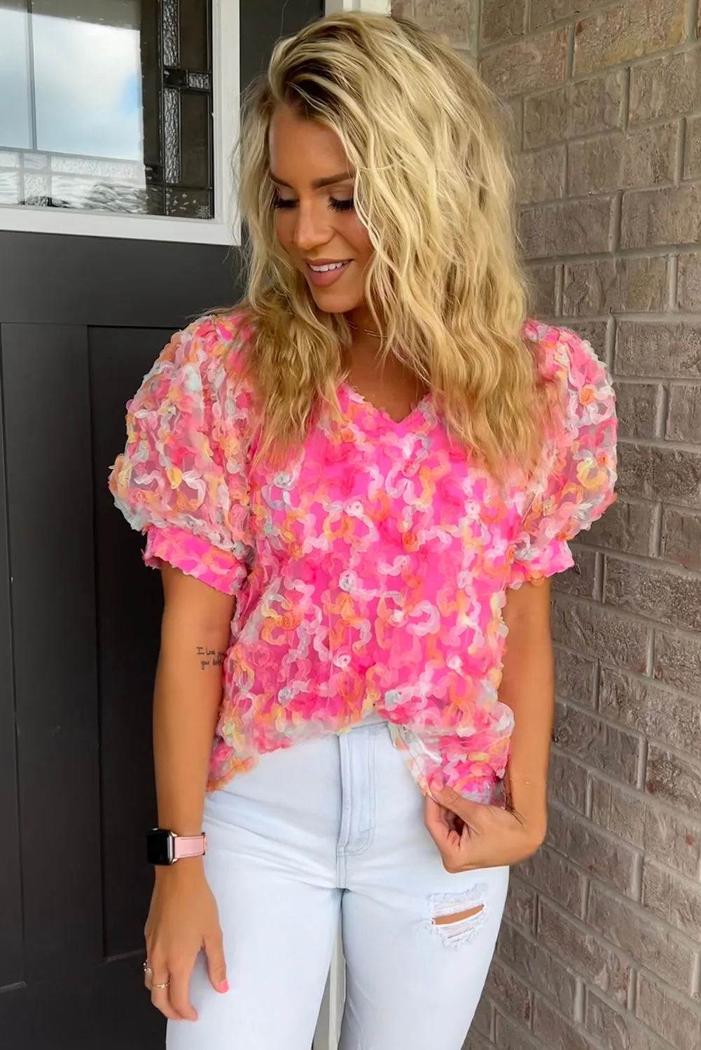 Bonbon Mesh Short Puff Sleeve Blouse