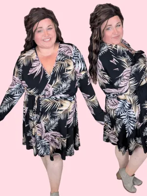 Bray Long Sleeve Faux-Wrap Dress in Black Botanical