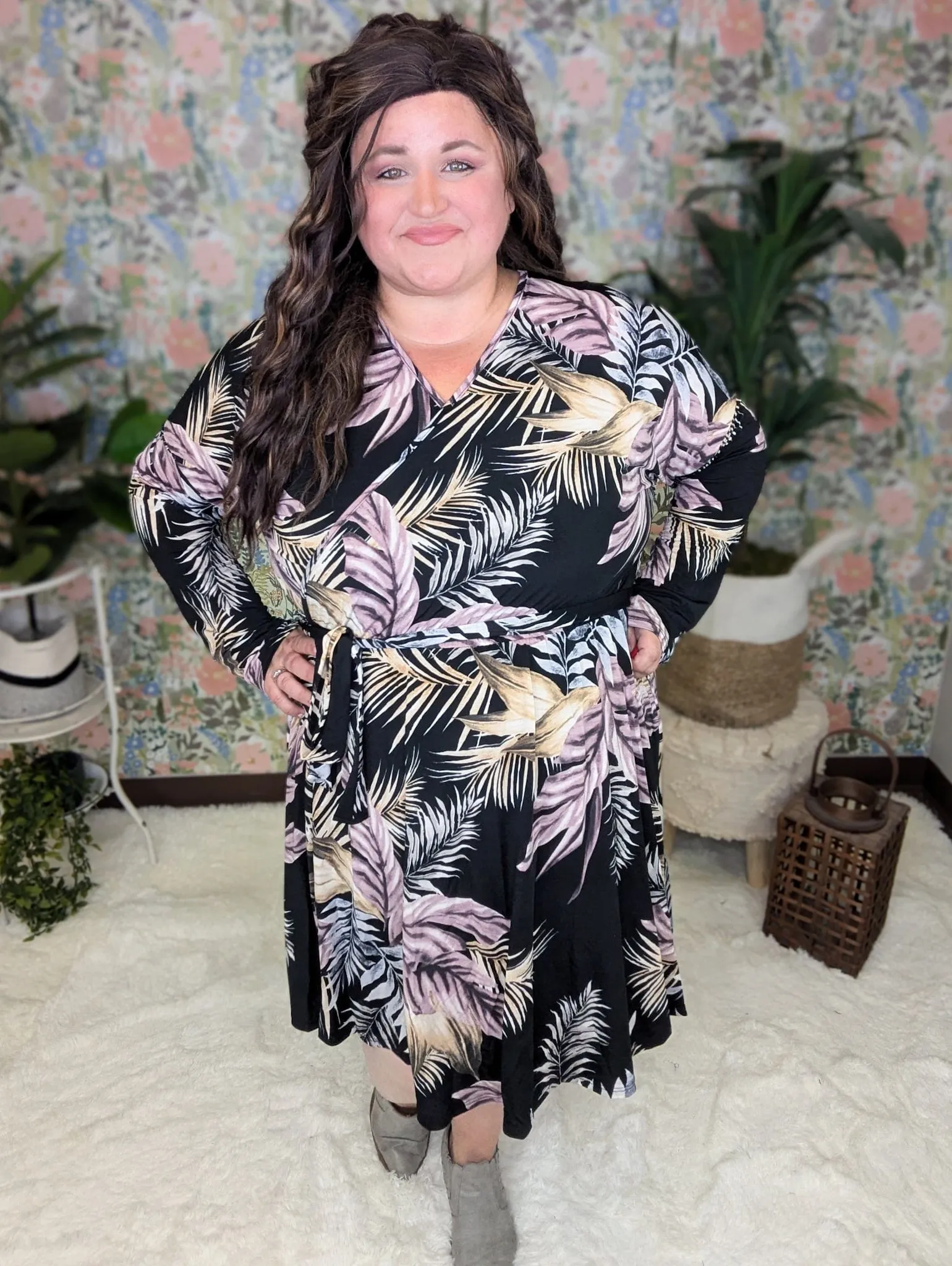 Bray Long Sleeve Faux-Wrap Dress in Black Botanical
