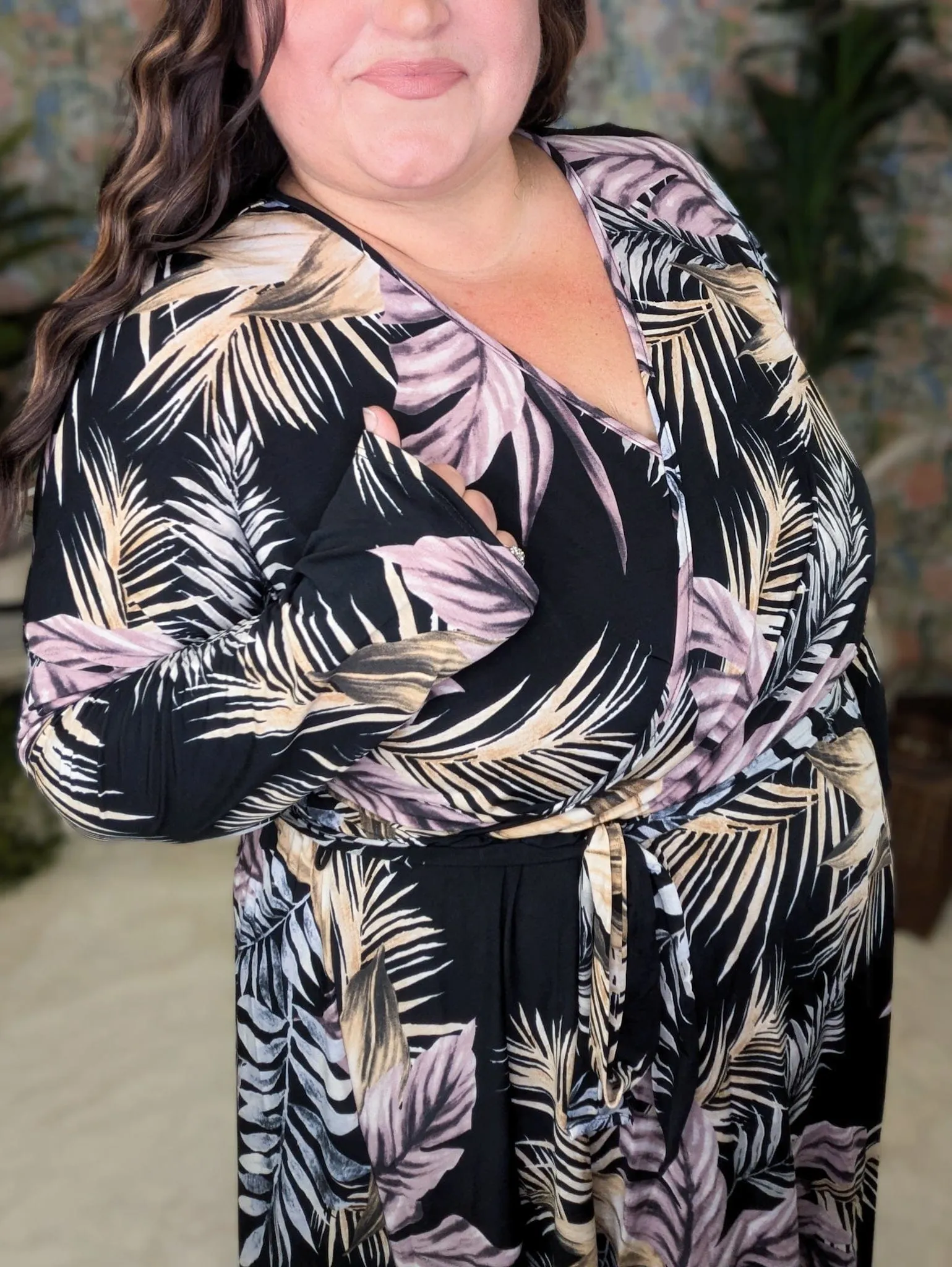 Bray Long Sleeve Faux-Wrap Dress in Black Botanical