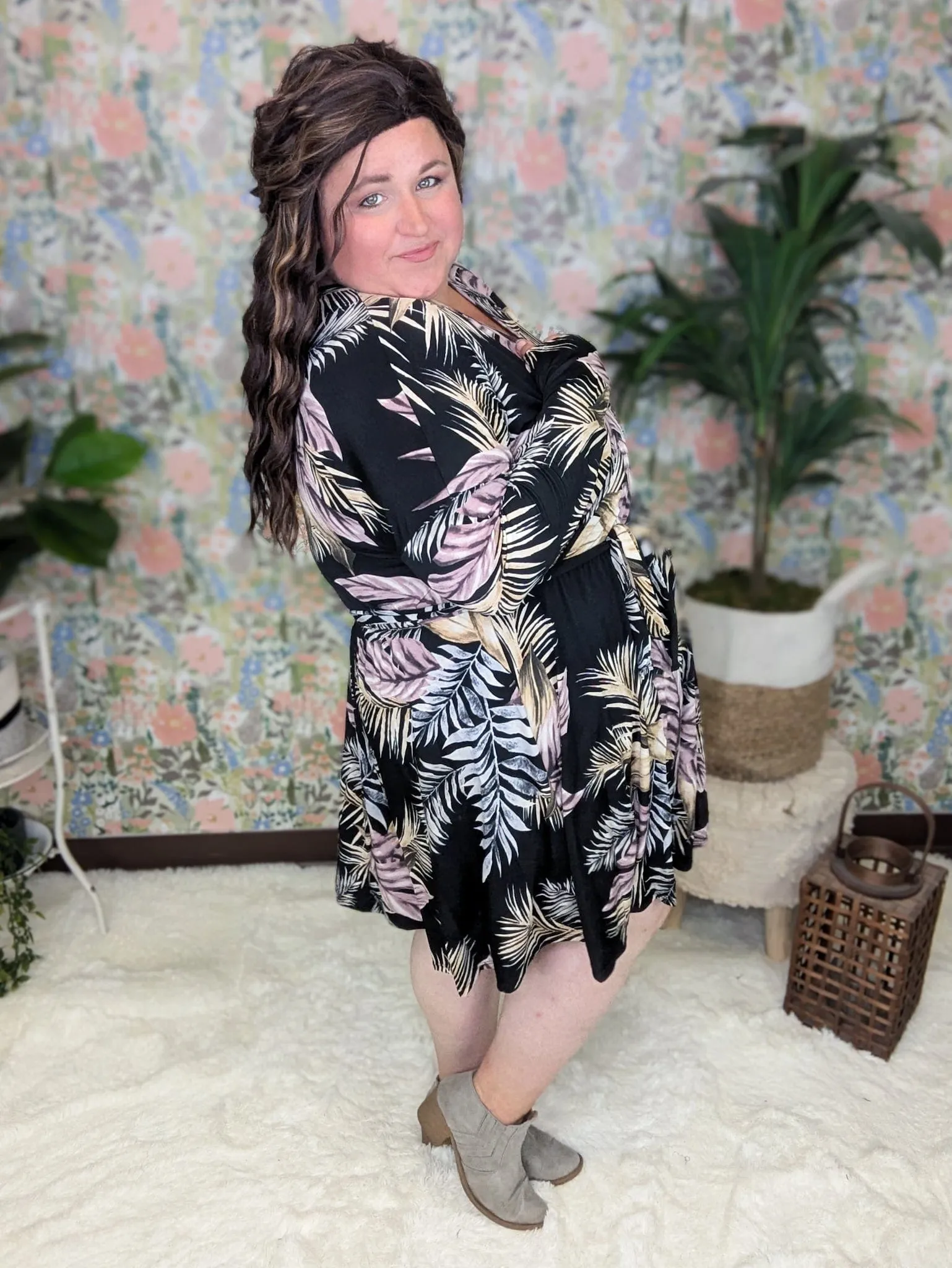 Bray Long Sleeve Faux-Wrap Dress in Black Botanical
