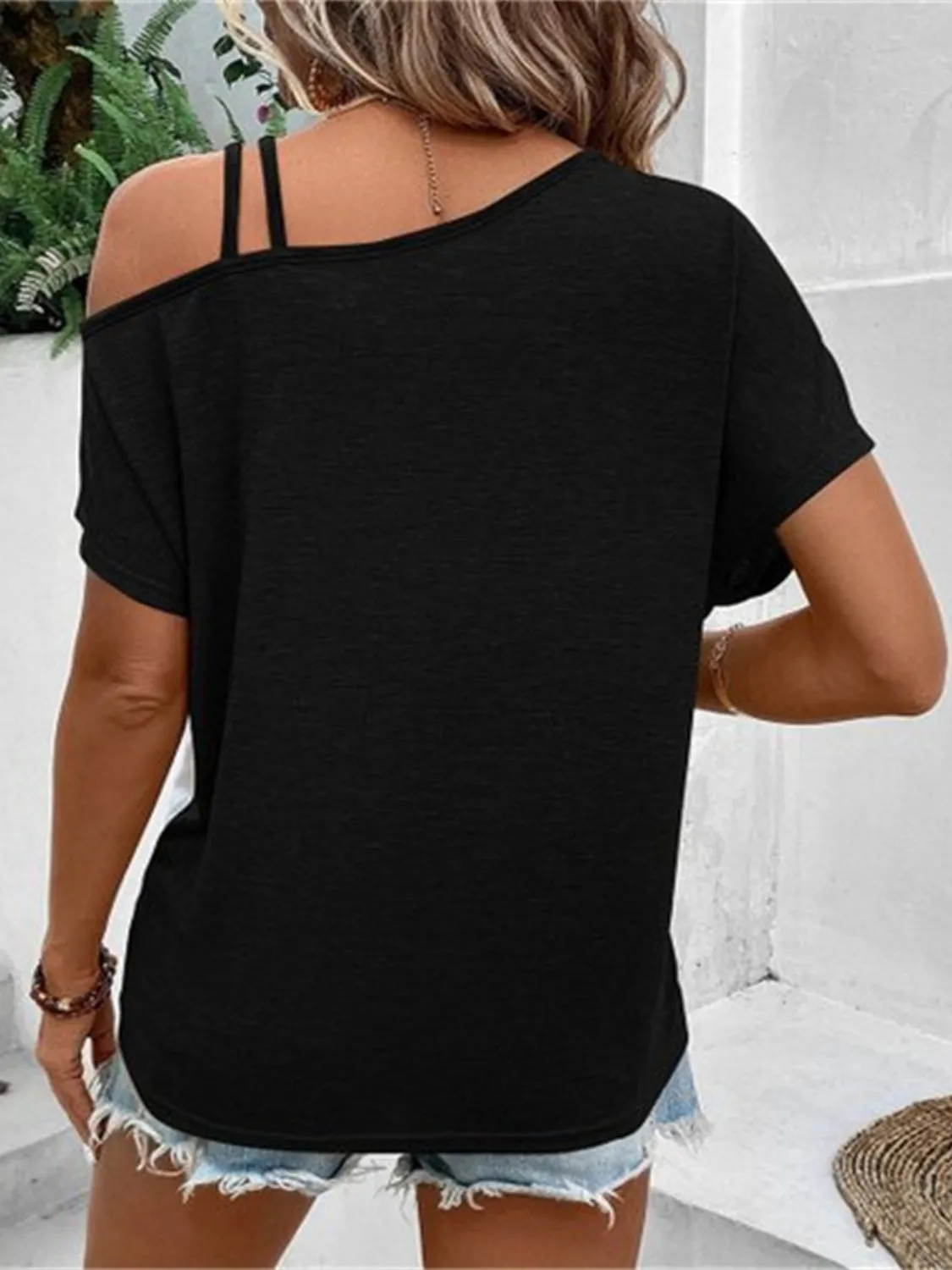 Brea Contrast Asymmetrical Neck Short Sleeve T-Shirt