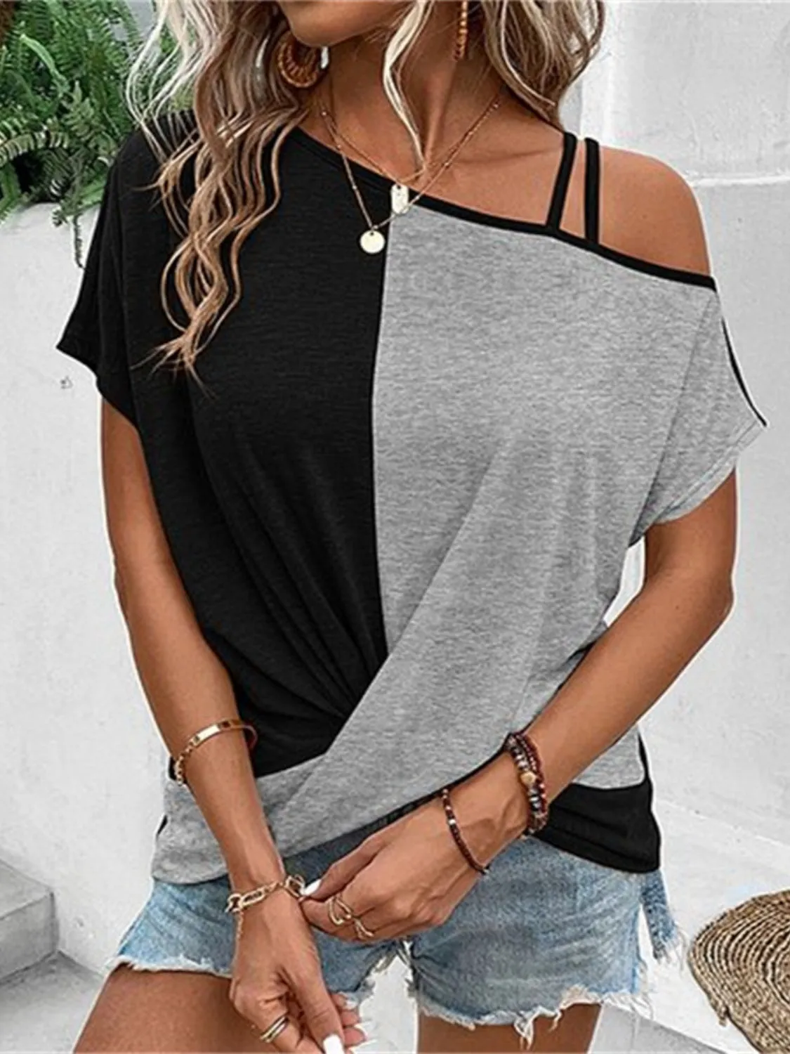 Brea Contrast Asymmetrical Neck Short Sleeve T-Shirt