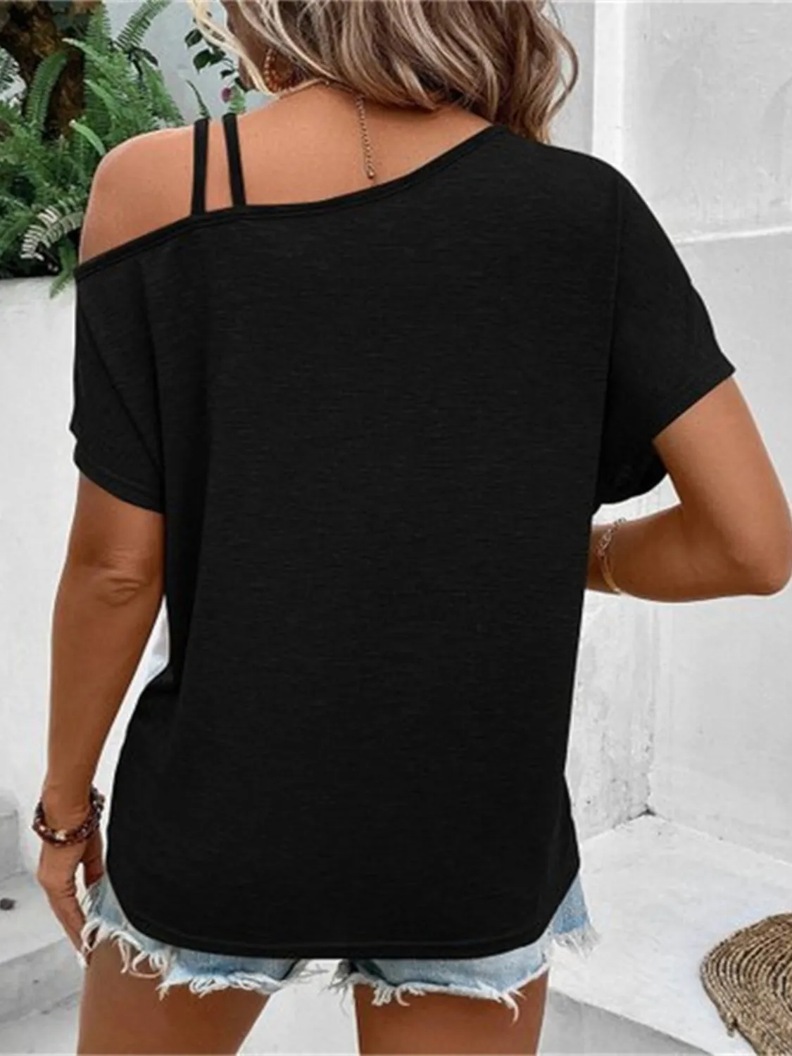 Brea Contrast Asymmetrical Neck Short Sleeve T-Shirt